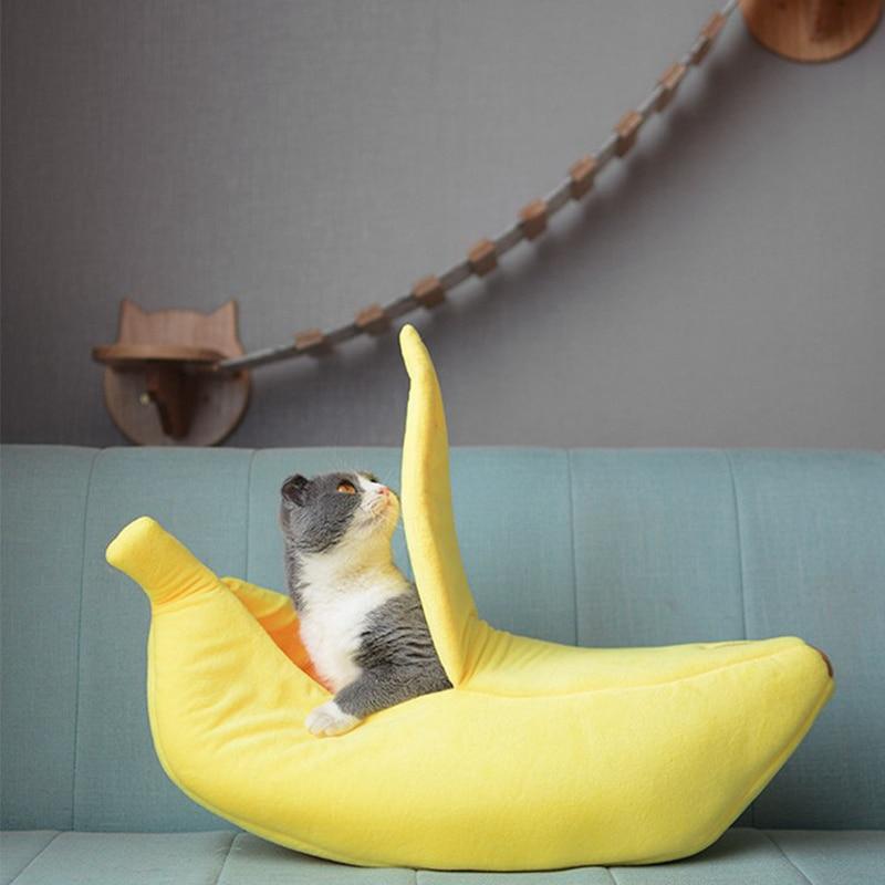 Outad Funny Banana Shape Pets Cat Bed House Cozy Cute Banana Puppy Cushion Kennel Warm Portable Pet Basket Supplies Mat Beds Yellow S