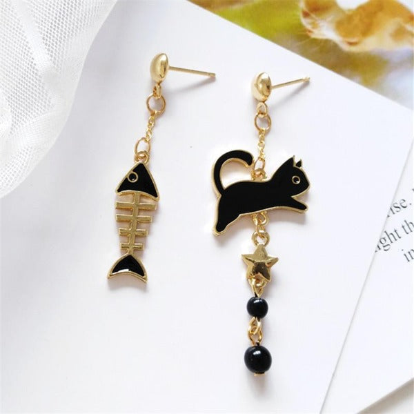 Cat & Fish Bone Drop Earrings