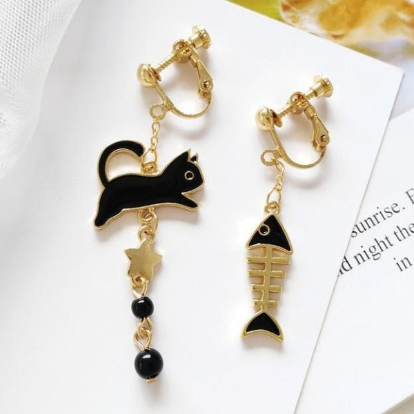 Black Cat & Fish Earring Jewelry Stud
